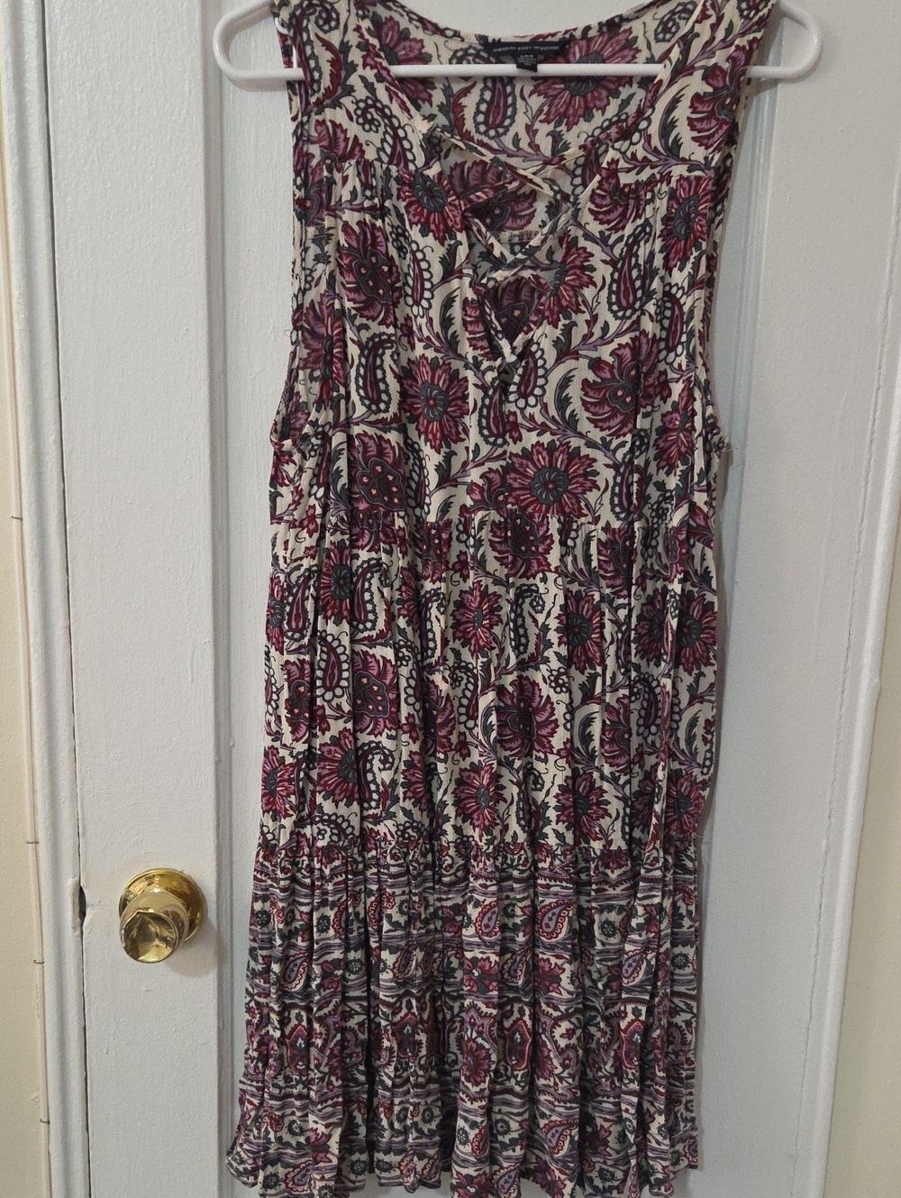 American Eagle Outfitters Cream Dress with Burgundy Paisley Print Large
